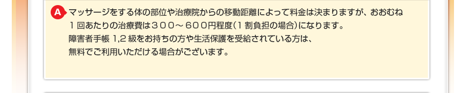 マッサージをする体の部位や治療院からの移動距離によって料金は決まりますが、おおむね1回あたりの治療費は３００～6００円程度（1割負担の場合）になります。障害者手帳1,2級をお持ちの方や生活保護を受給されている方は、無料でご利用いただける場合がございます。